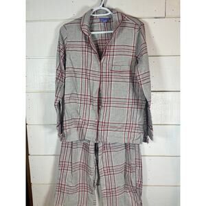Laura Scott pajama set button top elastic pants womens M gray with red stripes